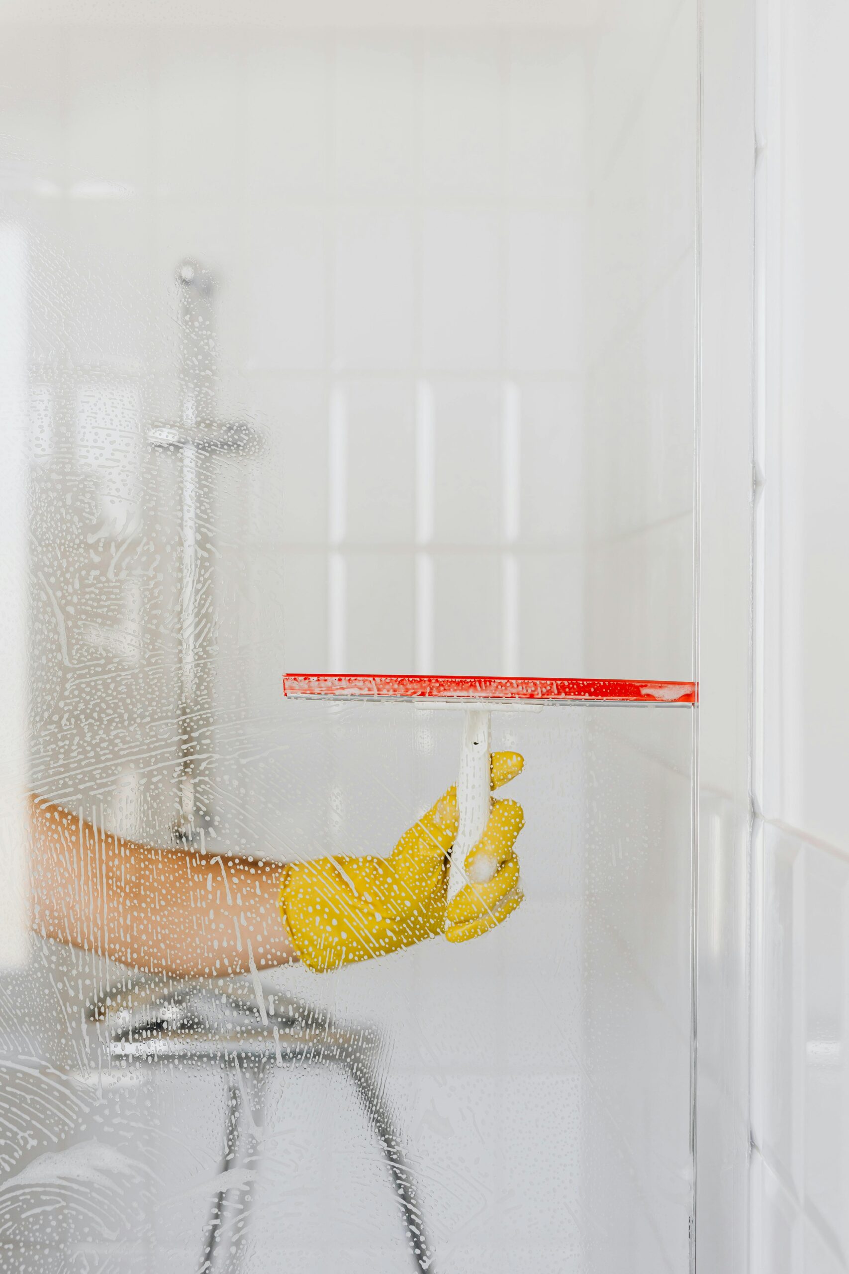 A person wearing a yellow glove cleans a shower glass with a squeegee, emphasizing hygiene and cleanliness.
